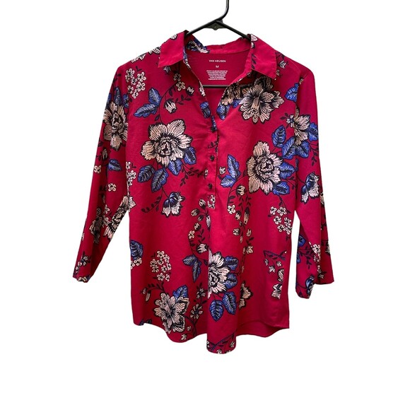 Van  Heusen red flowered 3/4 sleeve shirt‎ size Medium - Picture 1 of 7